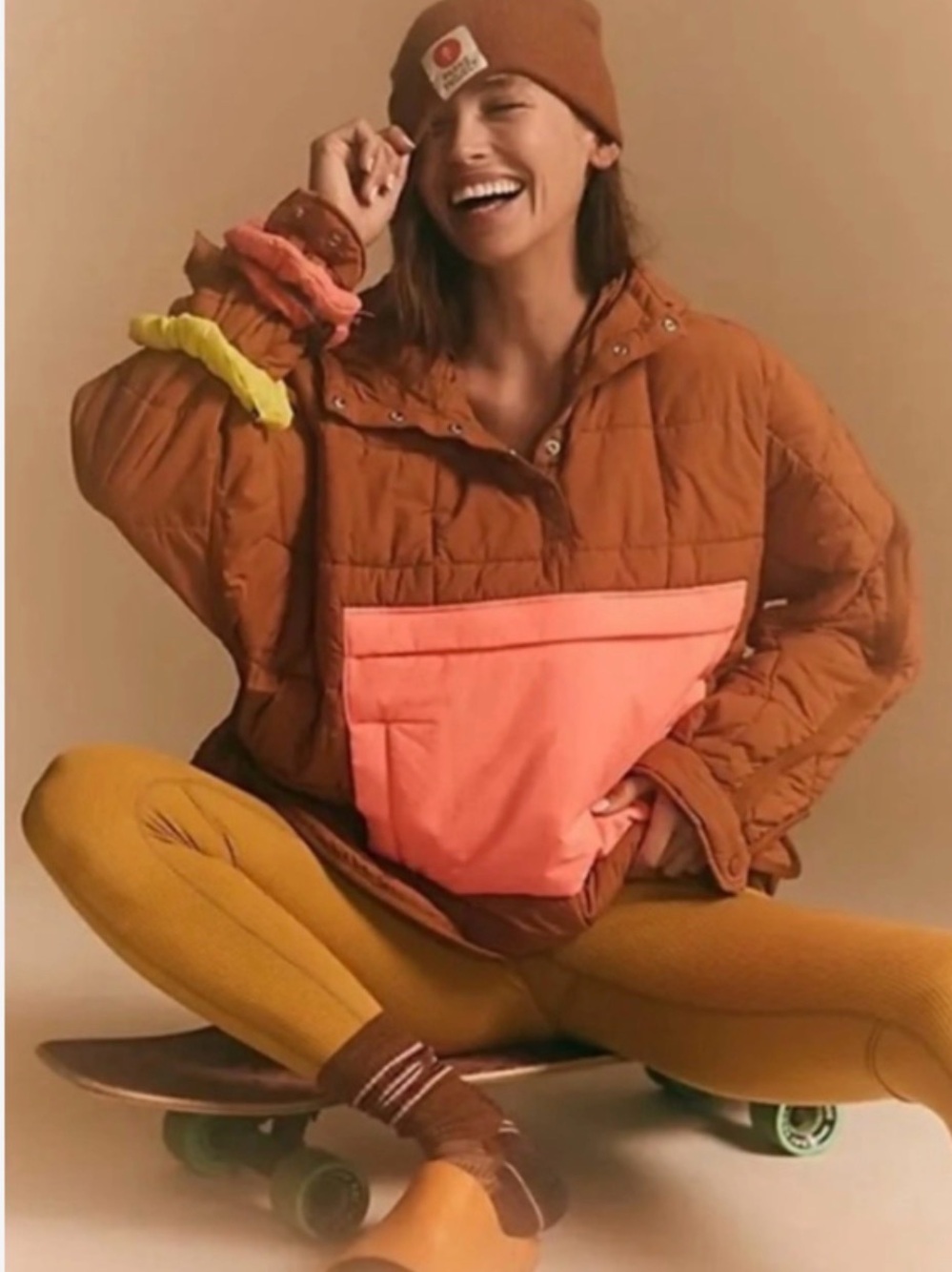 Free People Quilted Rust Pullover Jacket with Pink Front Pocket and hood